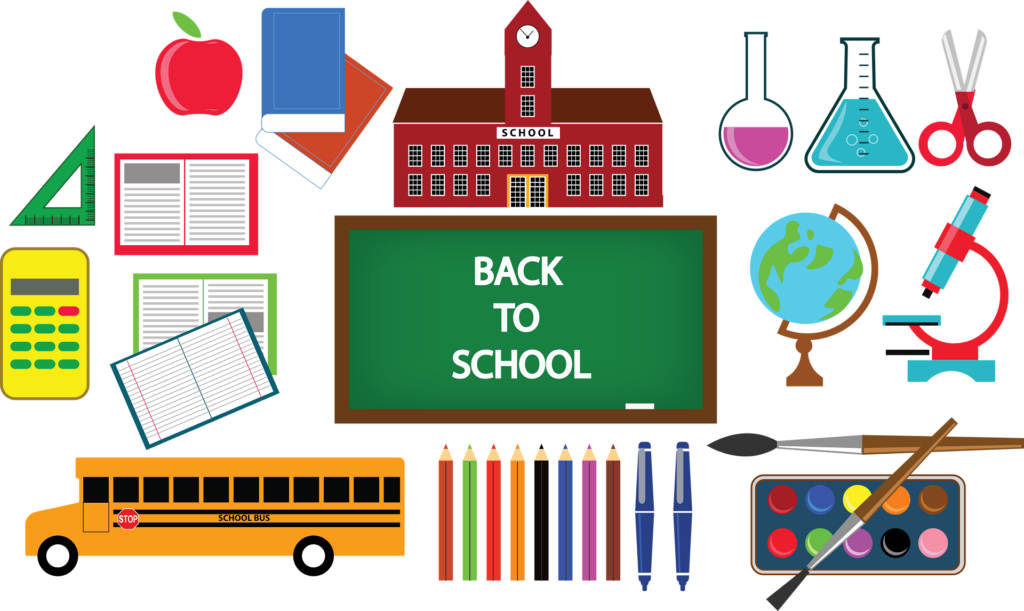 Back to school image with various images of a school bus, chalk board, school building, pencils, pens, paints, and lab equipment